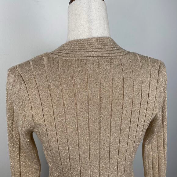 00s y2k Gold Metallic Knit Ribbed V-Neck Sweater Pullover Shimmery Top Petite M - Picture 8 of 10